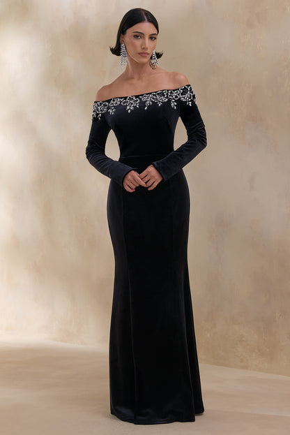 Fern | Black Velvet Embellished Bardot-Neck Maxi Dress