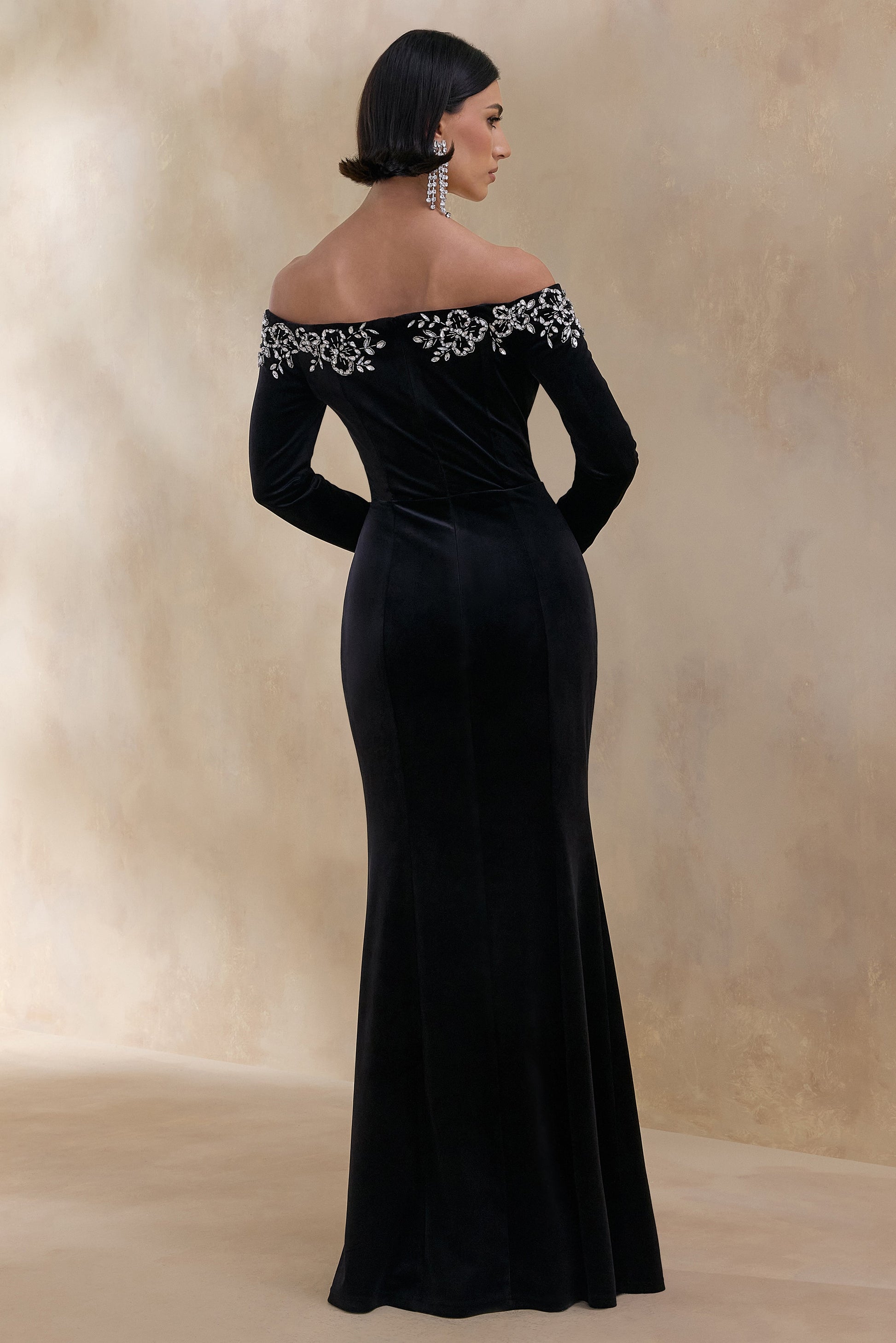 Fern | Black Velvet Embellished Bardot-Neck Maxi Dress