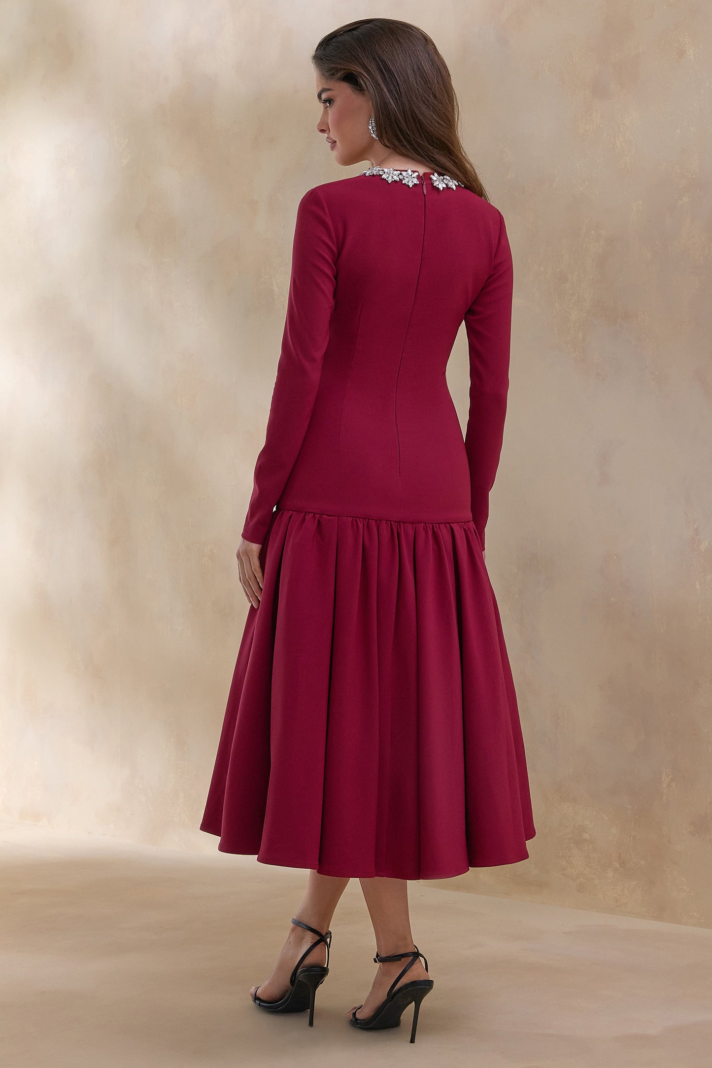 Jovana | Burgundy Hand-Embellished Crew-Neck Midi Dress With Drop Waist