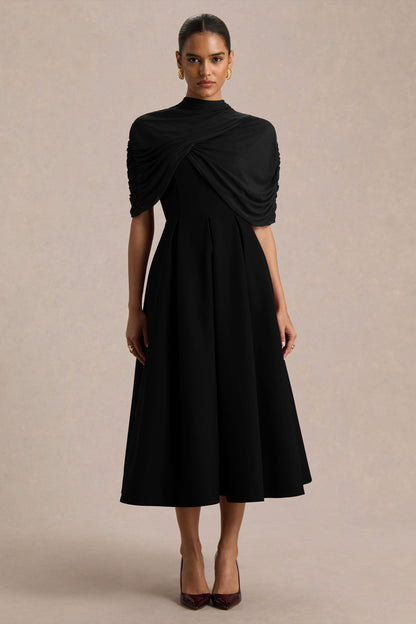 Thalia | Black High-Neck Midi Dress With Sheer Mesh Cape
