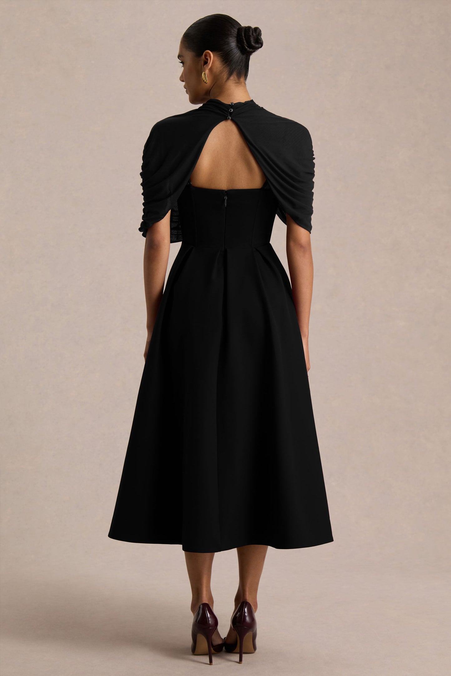 Thalia | Black High-Neck Midi Dress With Sheer Mesh Cape