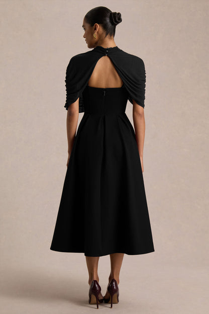 Thalia | Black High-Neck Midi Dress With Sheer Mesh Cape