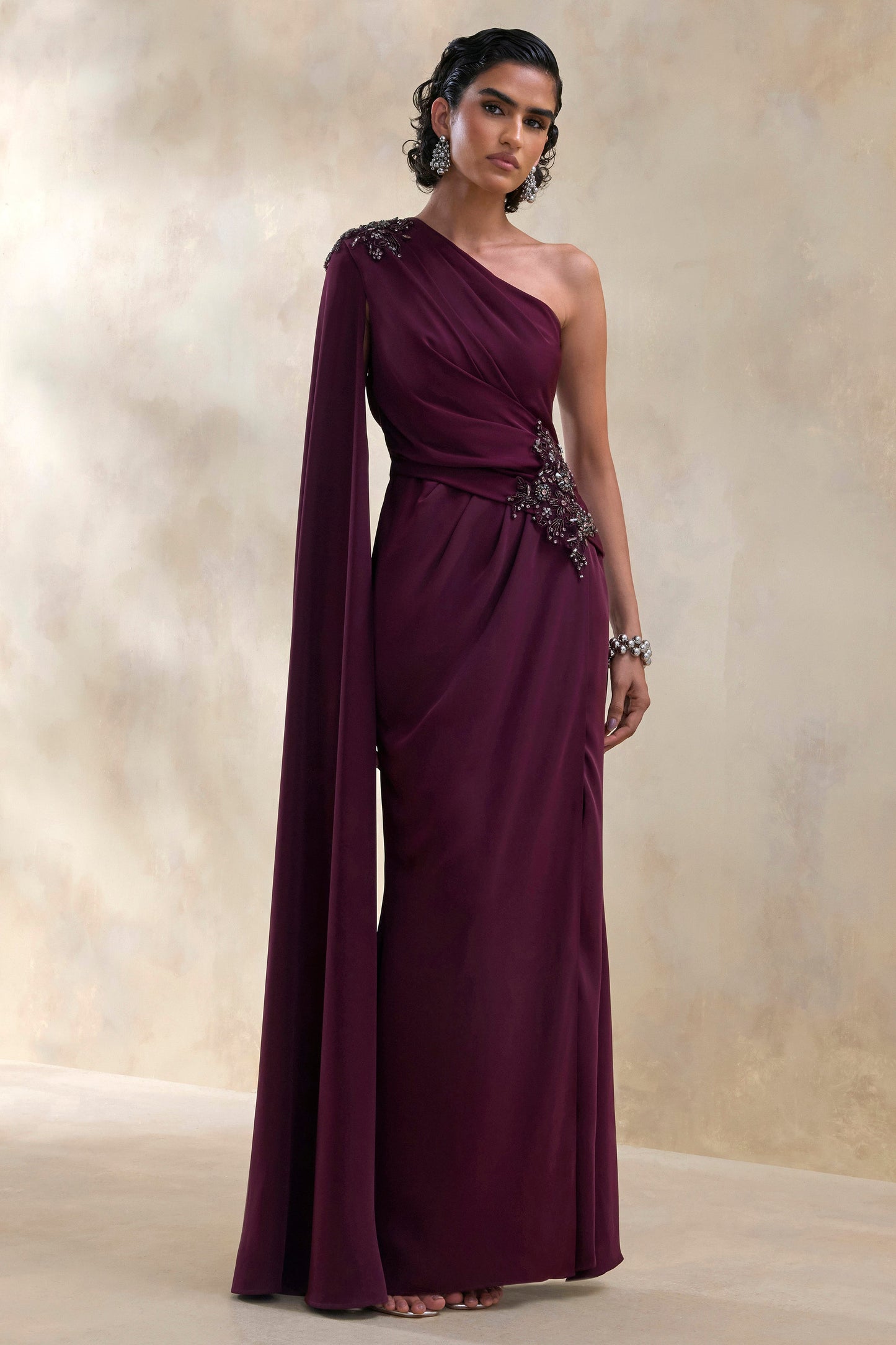 Solace | Dark Plum Asymmetric-Neck Maxi Dress With Front-High Split
