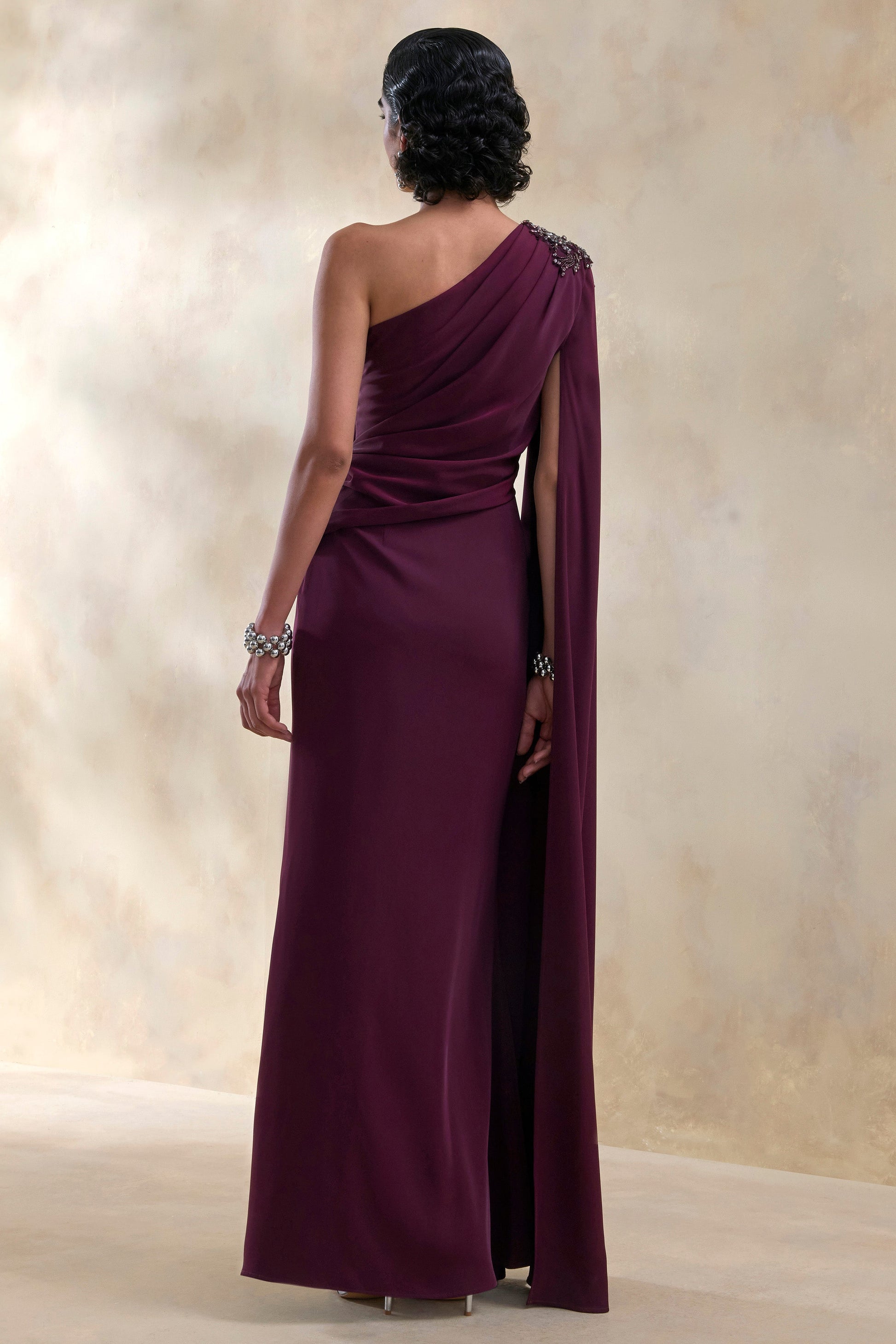 Solace | Dark Plum Asymmetric-Neck Maxi Dress With Front-High Split