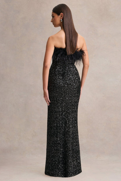 Daze | Black Sequin Bandeau Maxi Dress With Feather-Trim