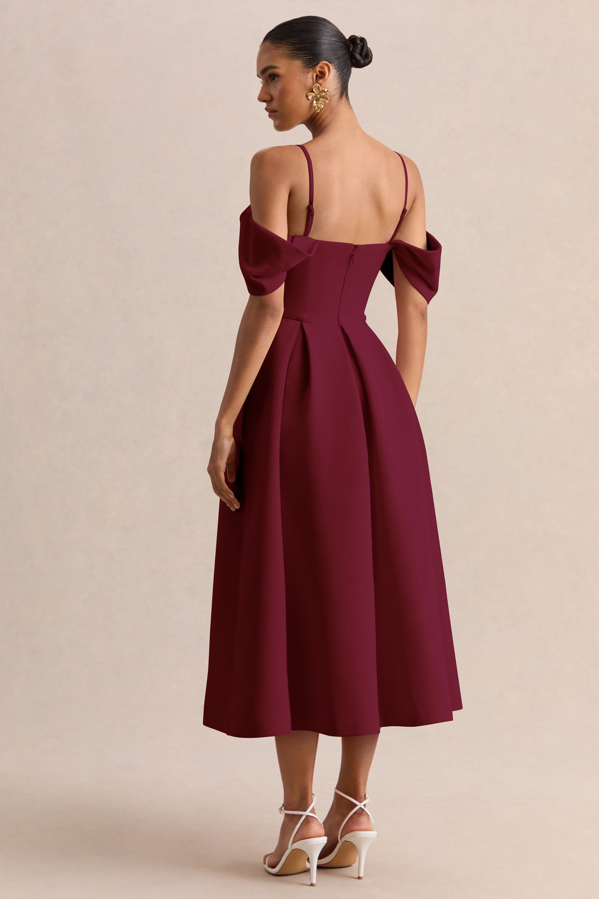 Cosima | Burgundy Bardot-Neck Midi Dress