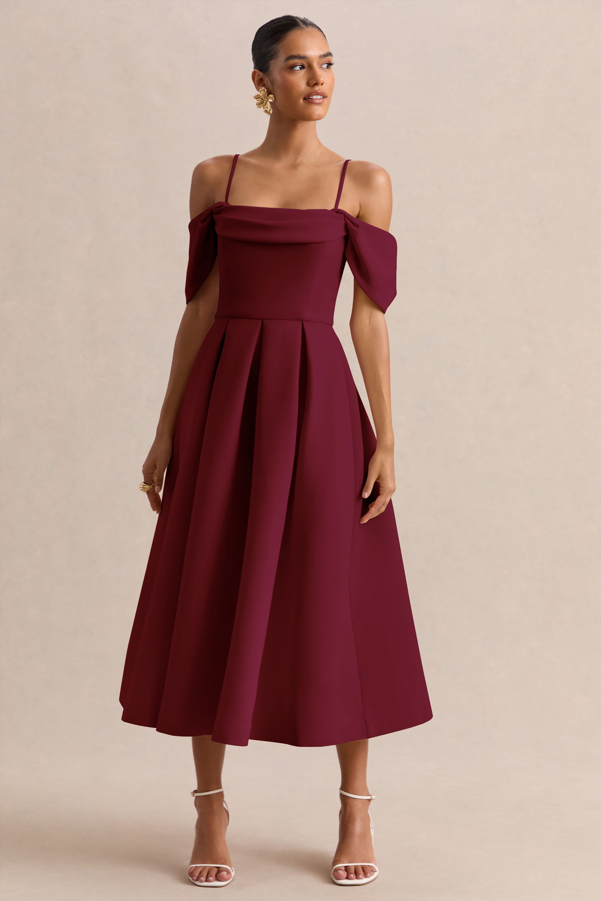 Cosima | Burgundy Bardot-Neck Midi Dress