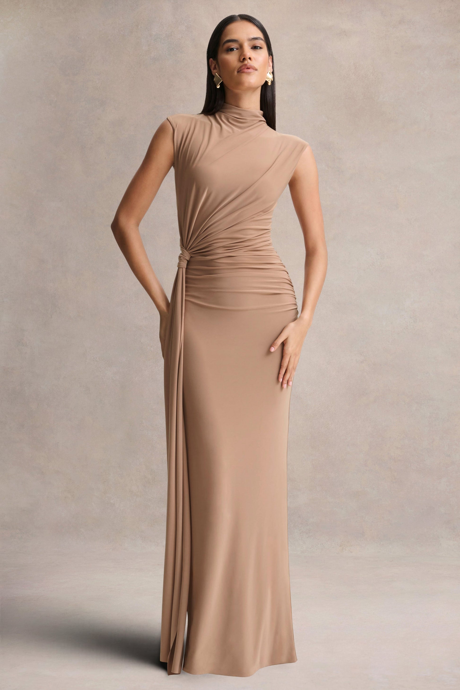 Solene | Brown High-Neck Maxi Dress With Wrap And Drape Detail