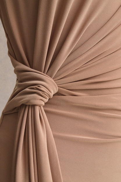 Solene | Brown High-Neck Maxi Dress With Wrap And Drape Detail