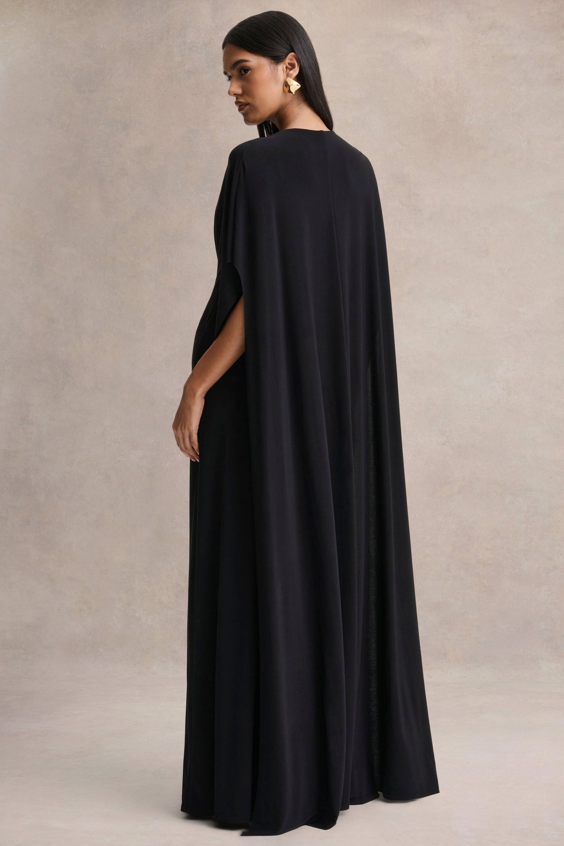 Romilly | Black Plunge-Neck Maxi Dress With Gathered Detail