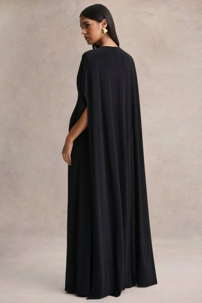 Romilly | Black Plunge-Neck Maxi Dress With Gathered Detail