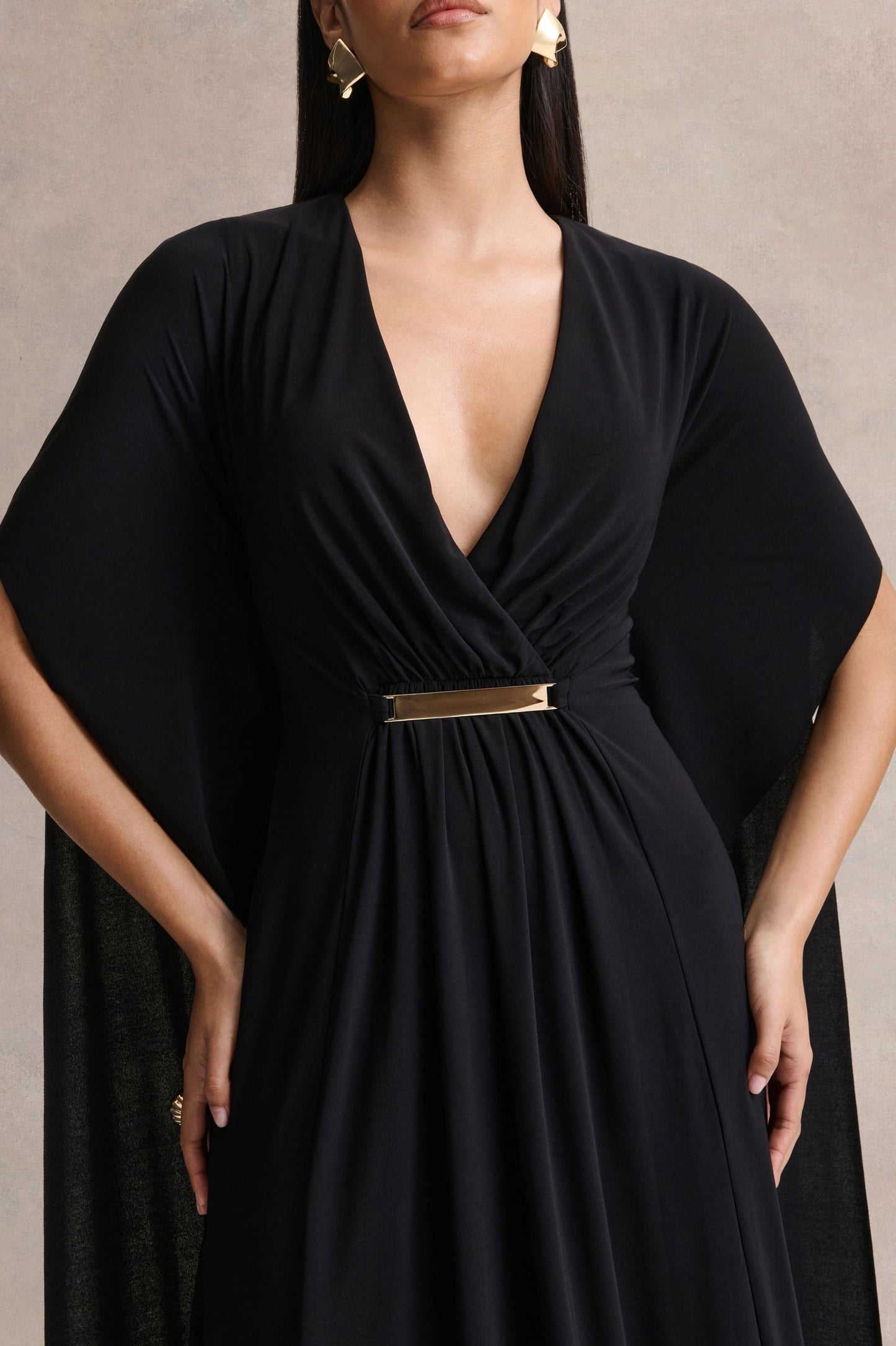 Romilly | Black Plunge-Neck Maxi Dress With Gathered Detail