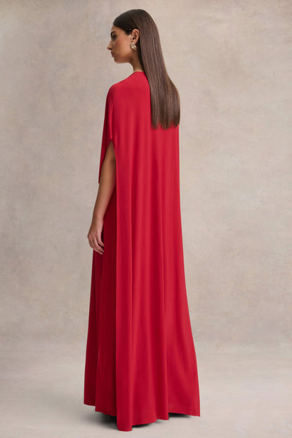 Romilly | Red Plunge-Neck Maxi Dress With Gathered Detail
