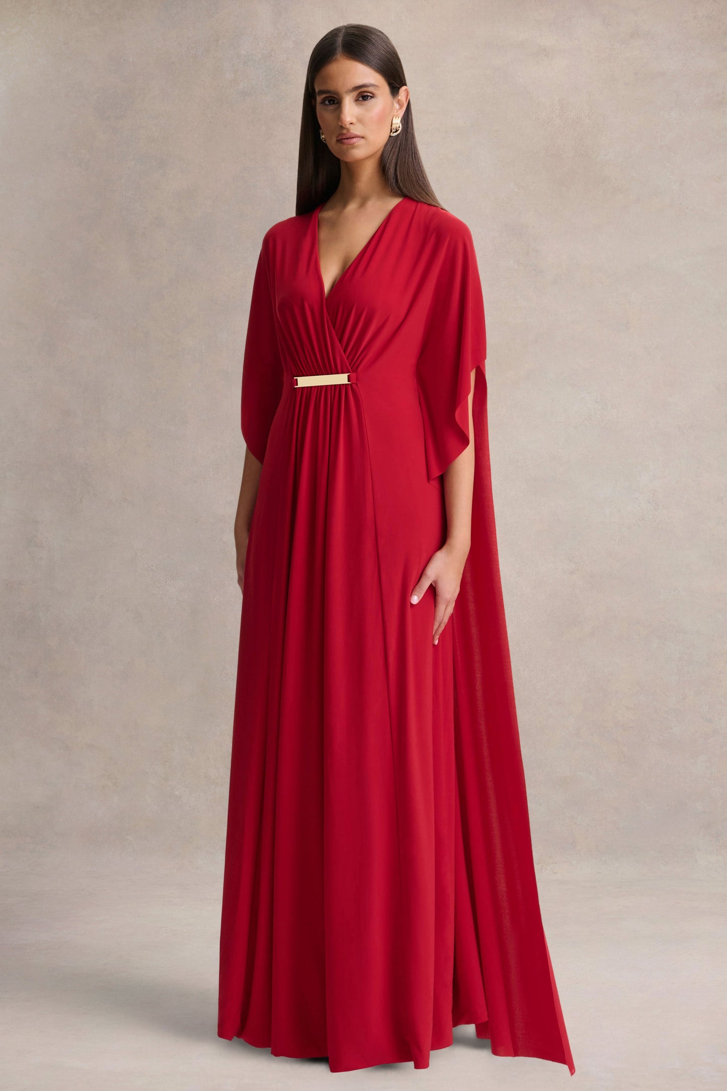 Romilly | Red Plunge-Neck Maxi Dress With Gathered Detail