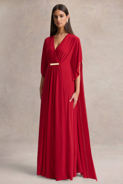 Romilly | Red Plunge-Neck Maxi Dress With Gathered Detail