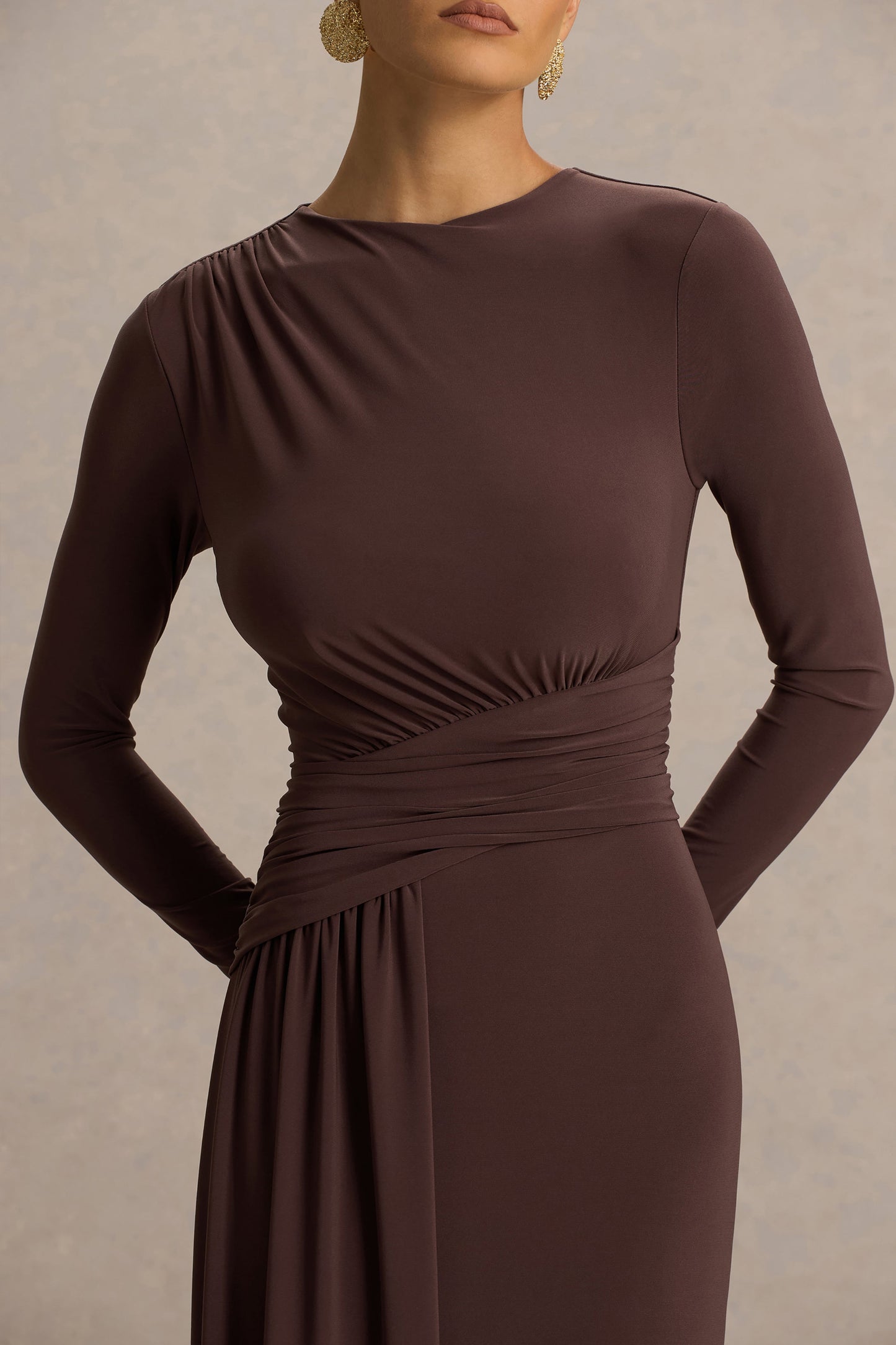 Virelle | Brown Boat-Neck Maxi Dress With Wrap Detail And Sash