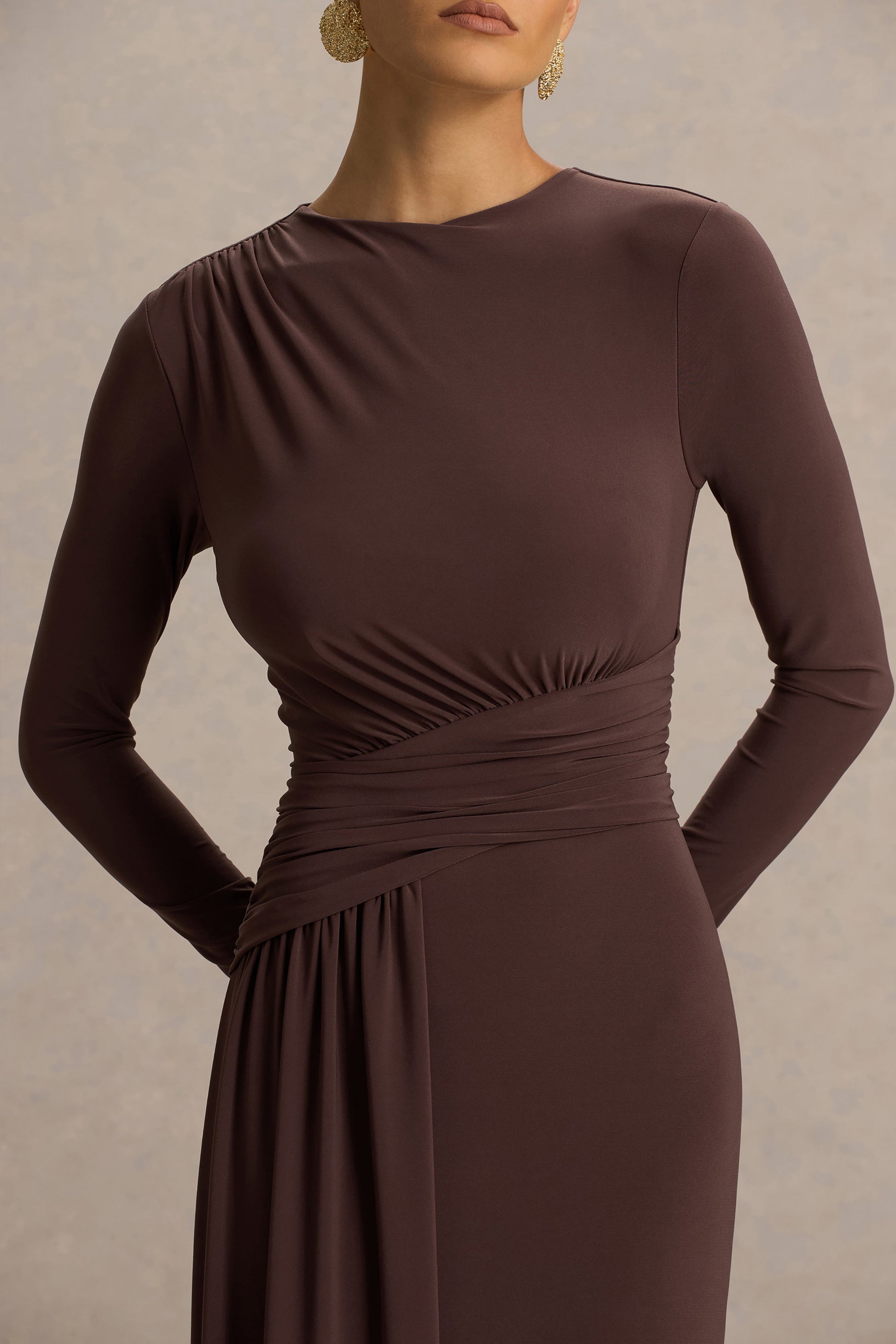 Virelle | Brown Boat-Neck Maxi Dress With Wrap Detail And Sash