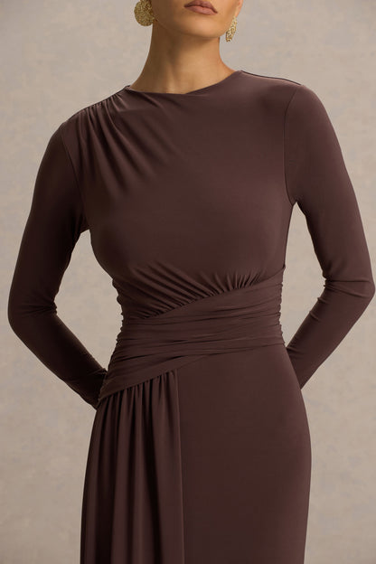 Virelle | Brown Boat-Neck Maxi Dress With Wrap Detail And Sash