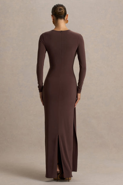 Virelle | Brown Boat-Neck Maxi Dress With Wrap Detail And Sash