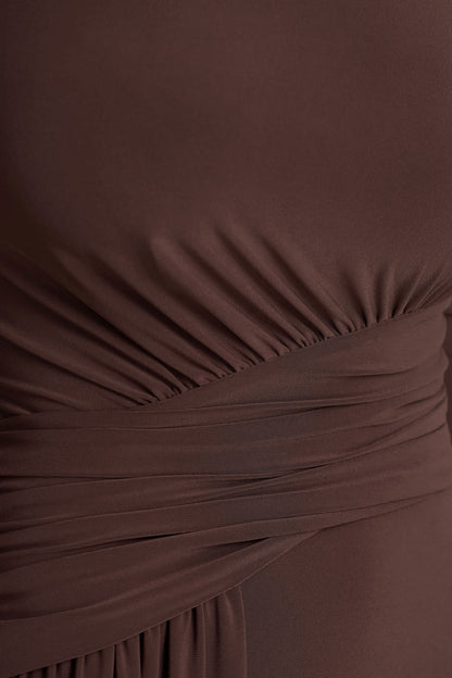 Virelle | Brown Boat-Neck Maxi Dress With Wrap Detail And Sash
