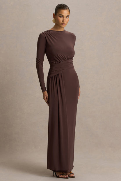Virelle | Brown Boat-Neck Maxi Dress With Wrap Detail And Sash