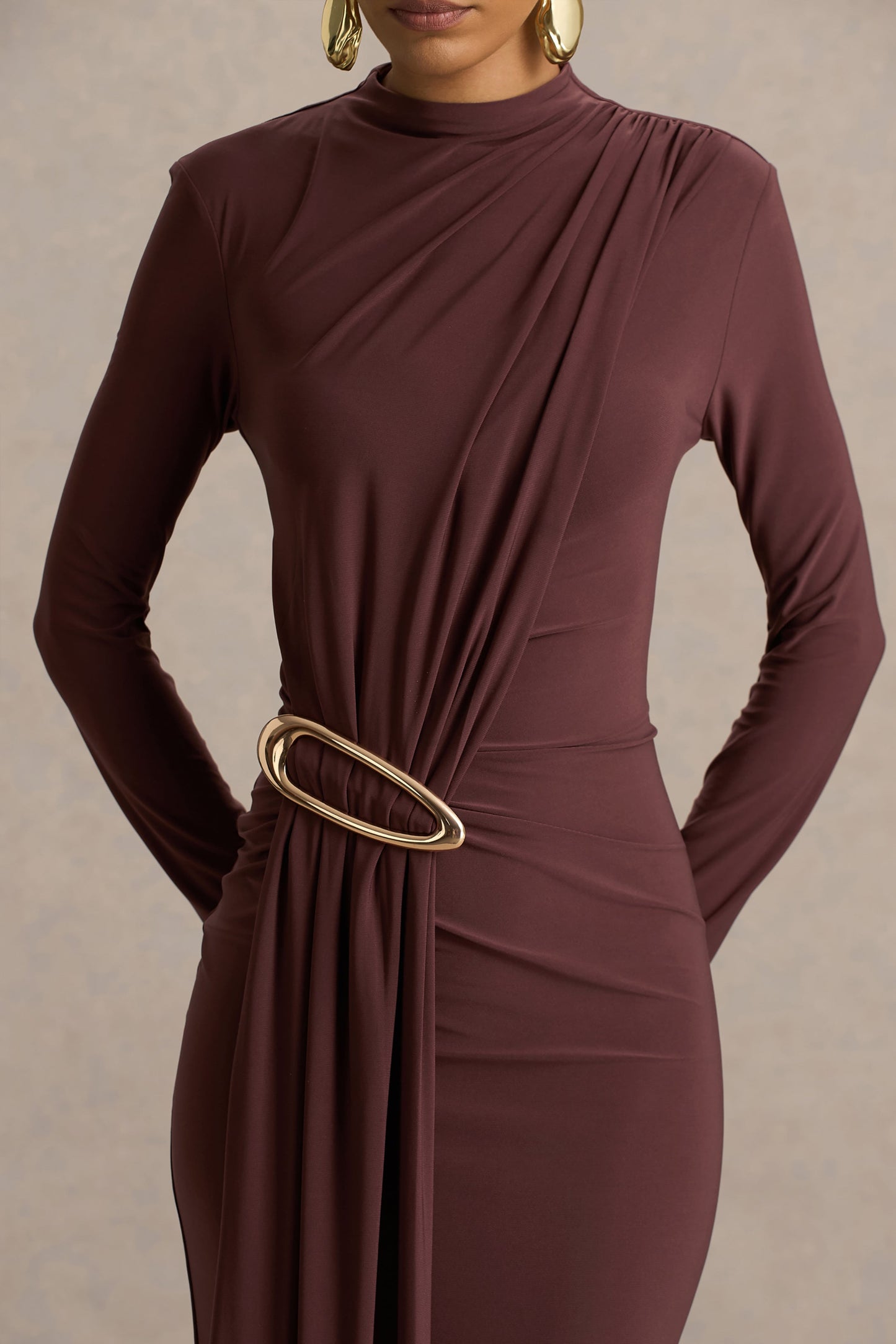 Zadie | Brown High-Neck Maxi Dress With Gathered-Detail