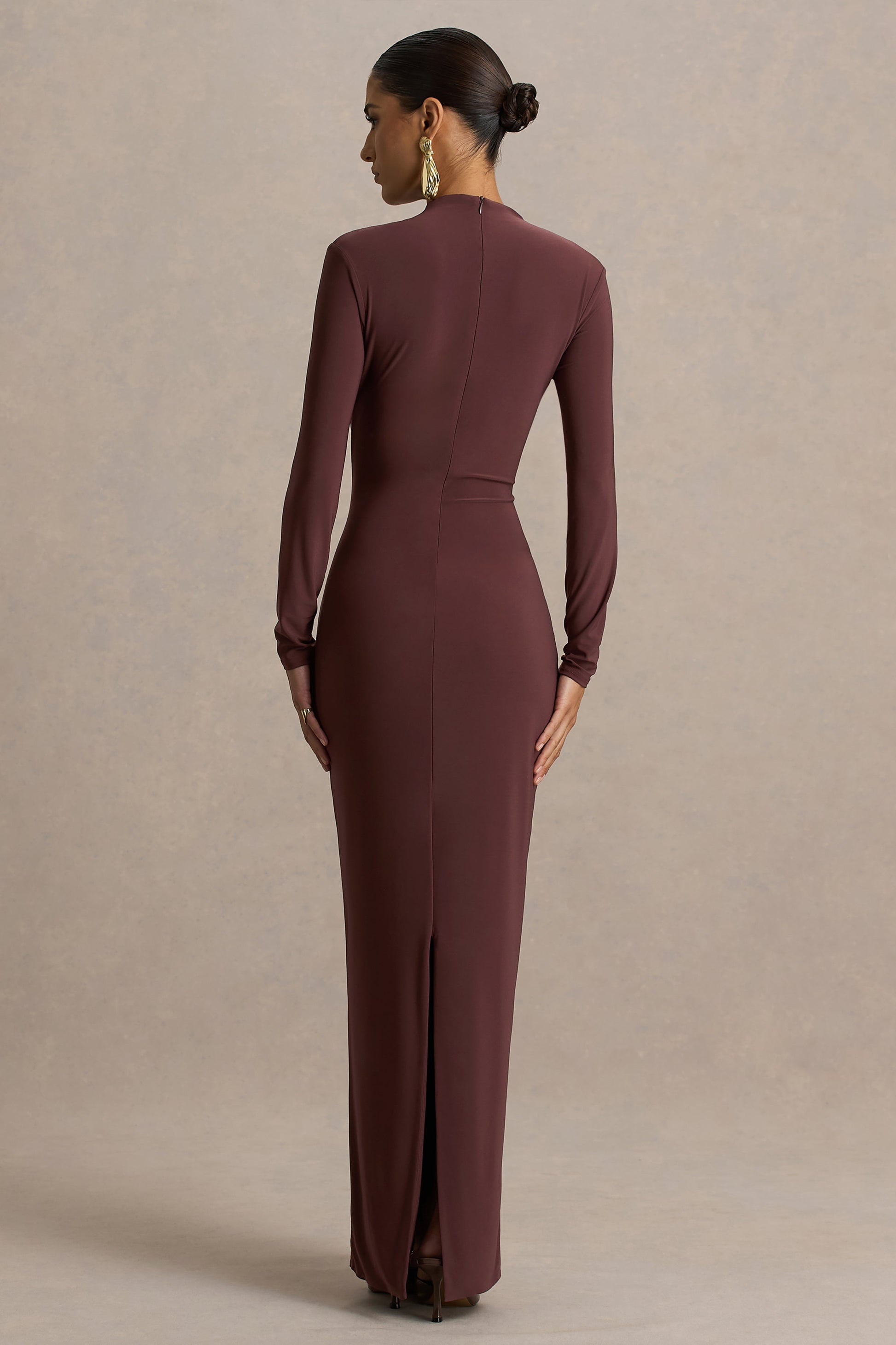 Zadie | Brown High-Neck Maxi Dress With Gathered-Detail