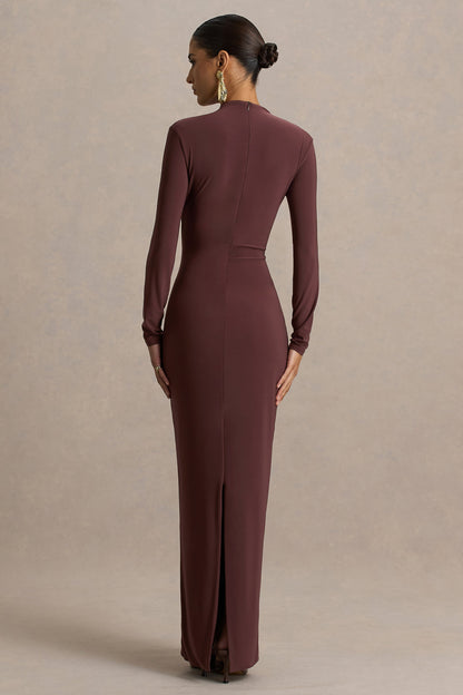 Zadie | Brown High-Neck Maxi Dress With Gathered-Detail