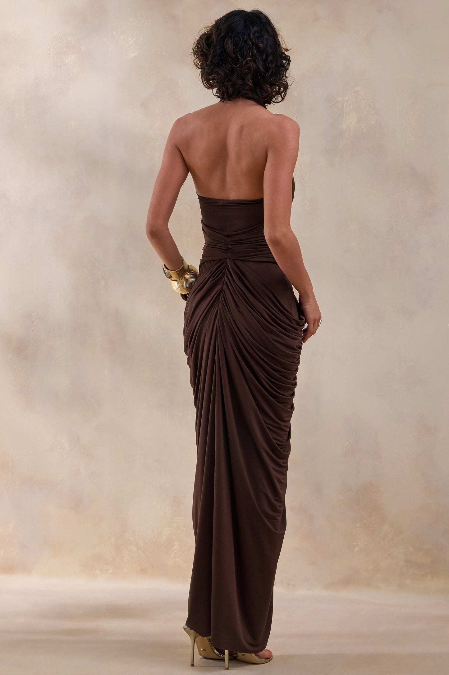 Horizon | Brown High-Neck Maxi Dress With Draped Detailing