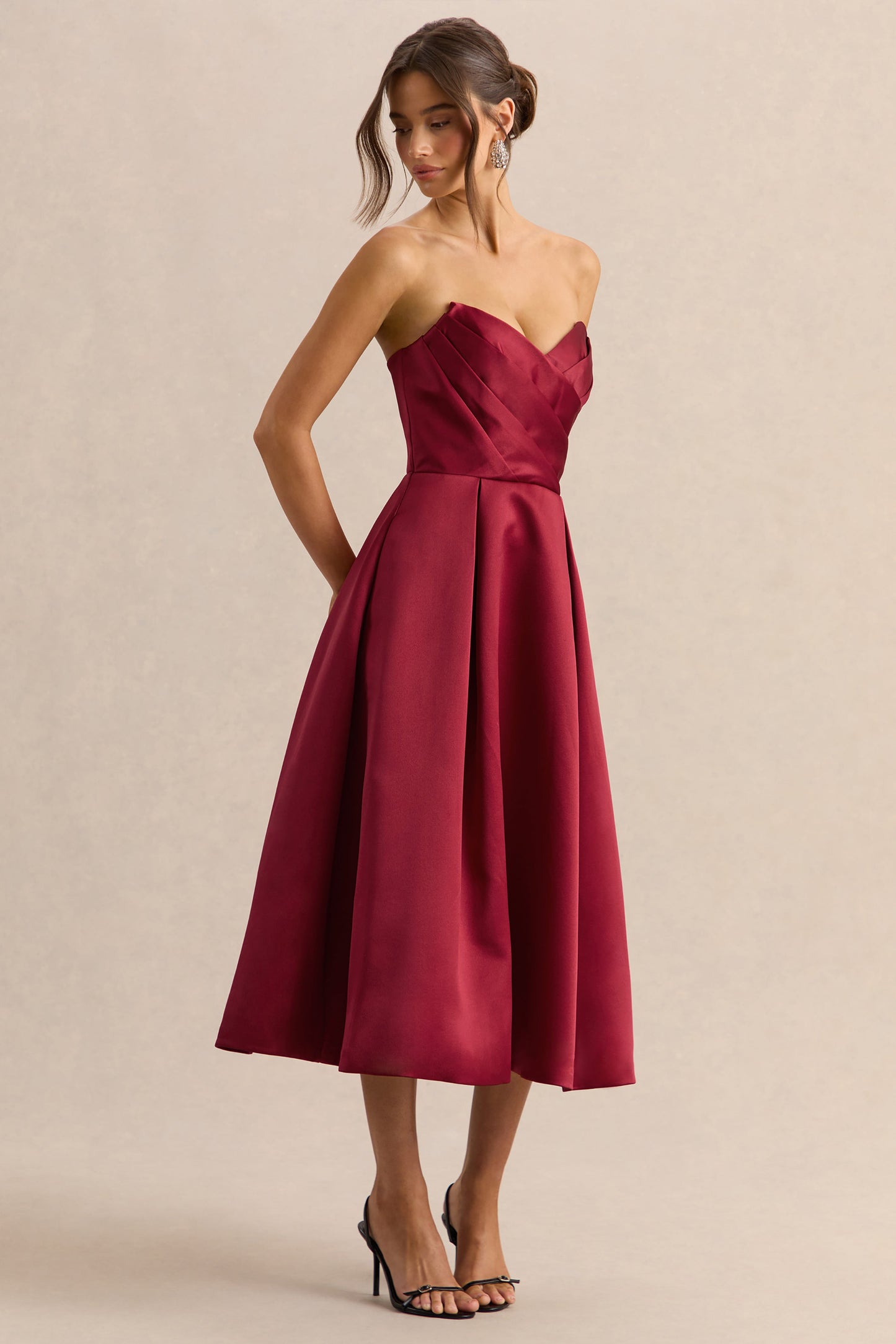Promises | Red Satin Bandeau-Neck Midi Dress