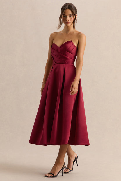 Promises | Red Satin Bandeau-Neck Midi Dress
