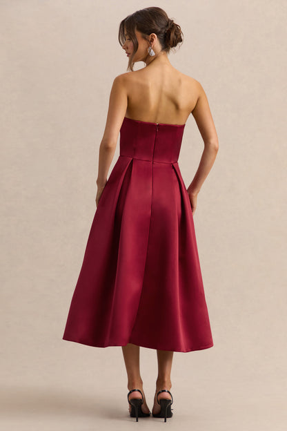 Promises | Red Satin Bandeau-Neck Midi Dress