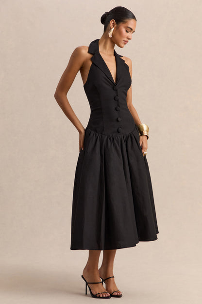 Ella | Black Plunge-Neck Midi Dress With Drop-Waist