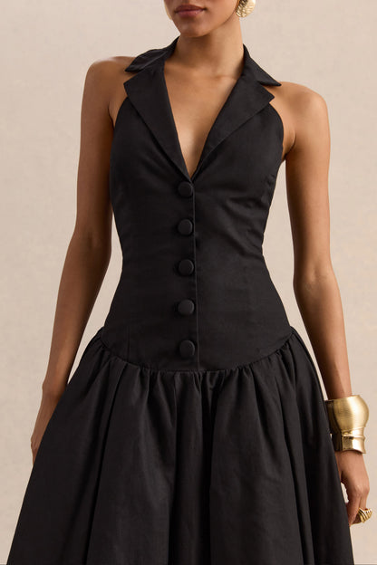 Ella | Black Plunge-Neck Midi Dress With Drop-Waist