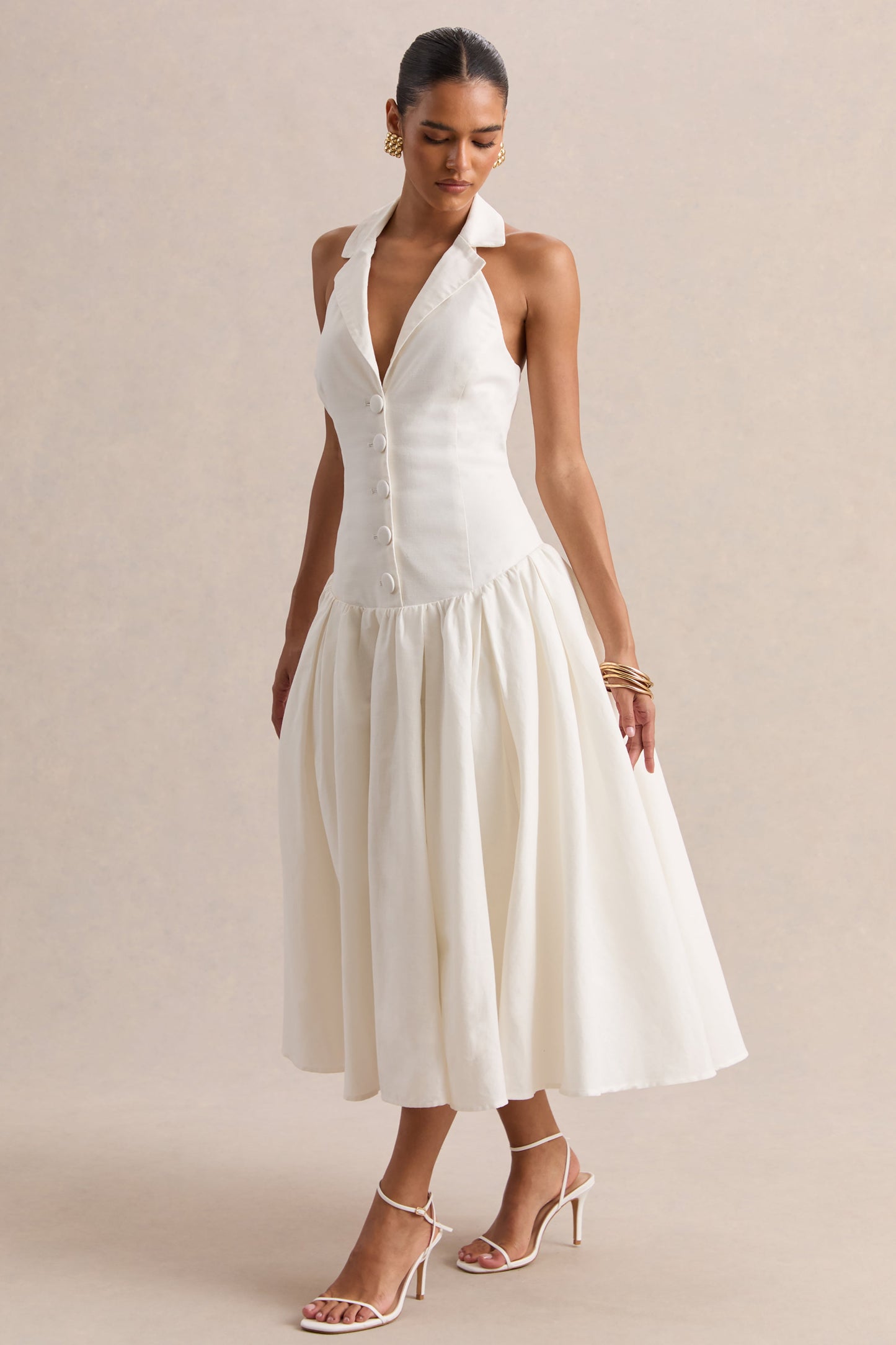 Ella | White Plunge-Neck Midi Dress With Drop-Waist