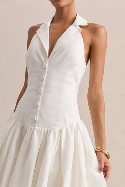 Ella | White Plunge-Neck Midi Dress With Drop-Waist