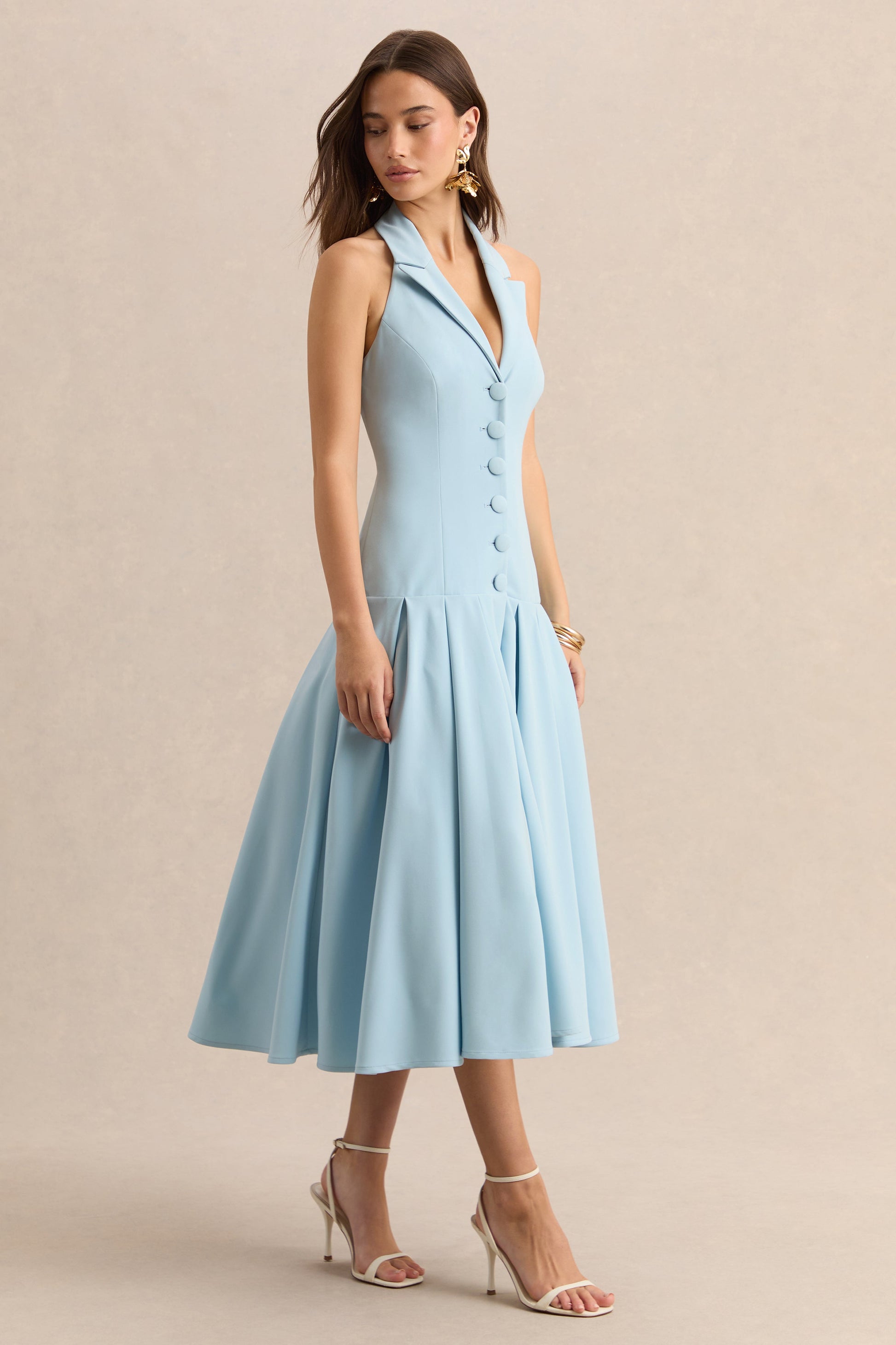 Elise | Powder Blue Plunge-Neck Midi Dress With Drop-Waist