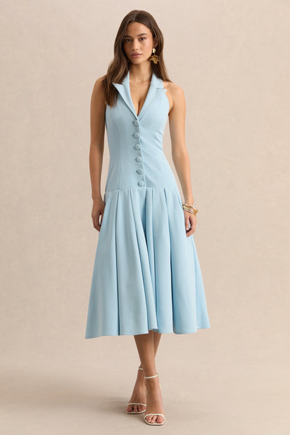 Elise | Powder Blue Plunge-Neck Midi Dress With Drop-Waist