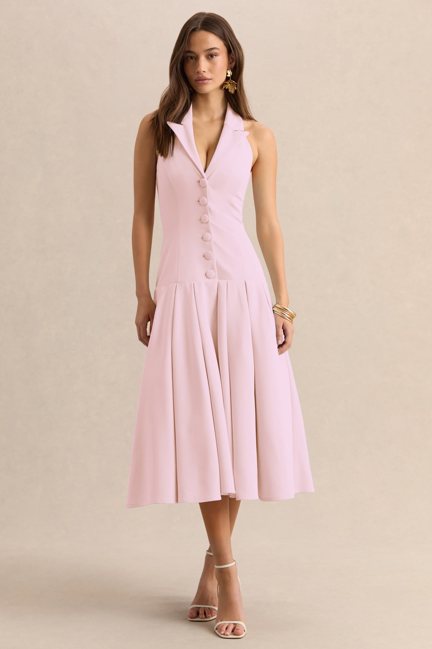 Elise | Light Pink Plunge-Neck Midi Dress With Drop-Waist