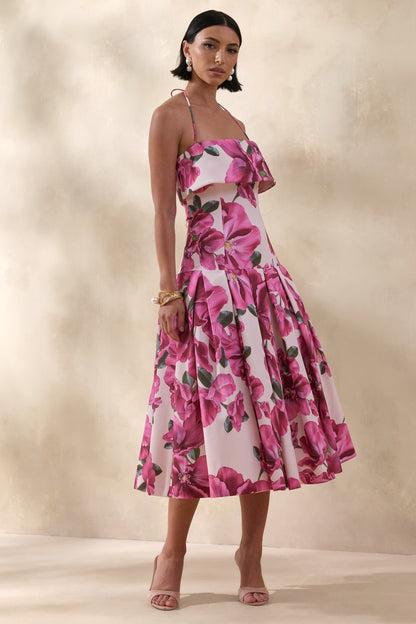 Sylina | Pink Hibiscus Floral Print Square-Neck Midi Dress With Drop Waist