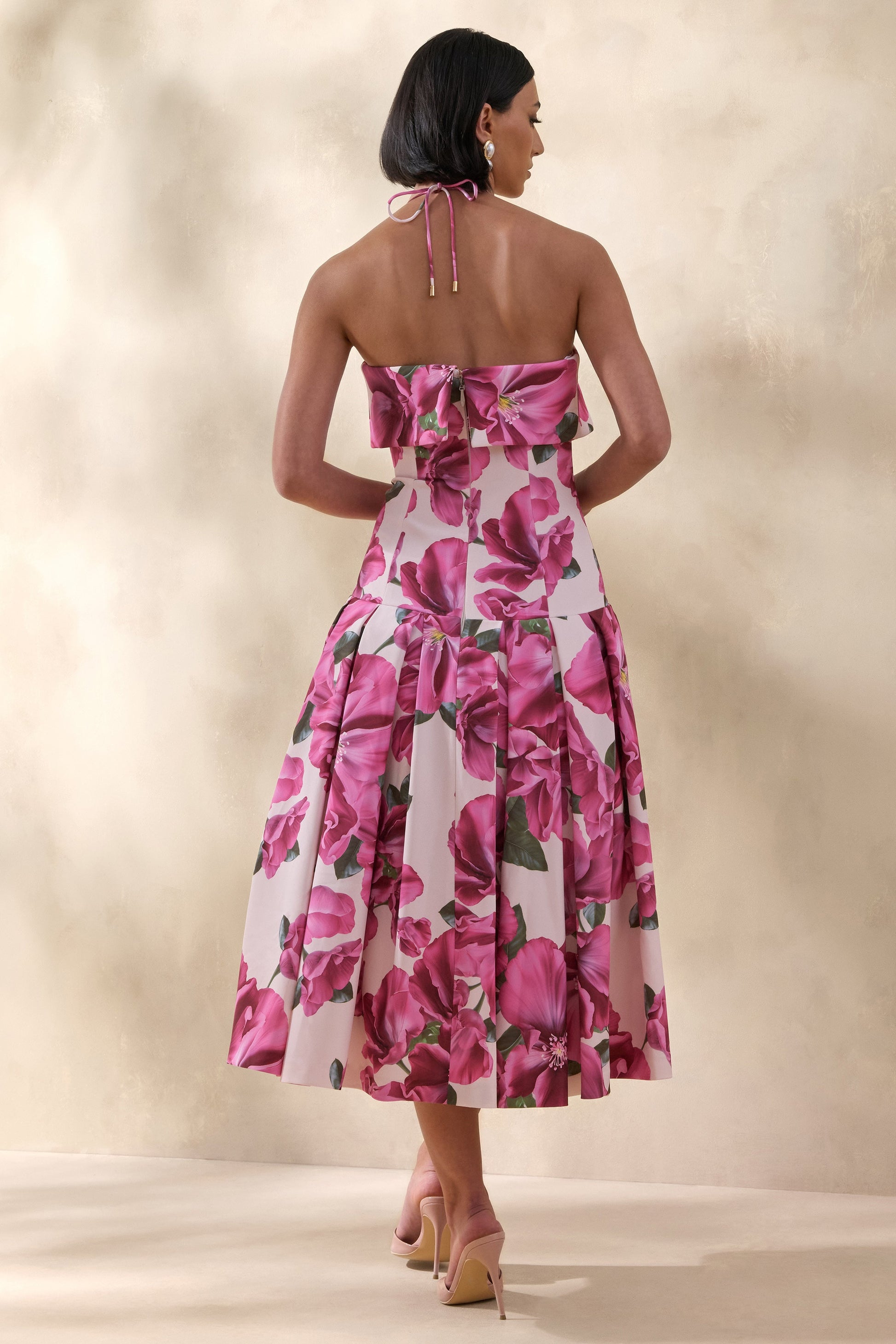 Sylina | Pink Hibiscus Floral Print Square-Neck Midi Dress With Drop Waist