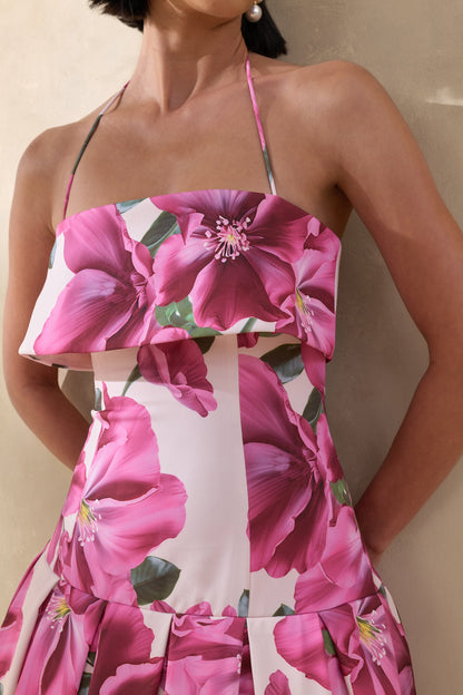 Sylina | Pink Hibiscus Floral Print Square-Neck Midi Dress With Drop Waist