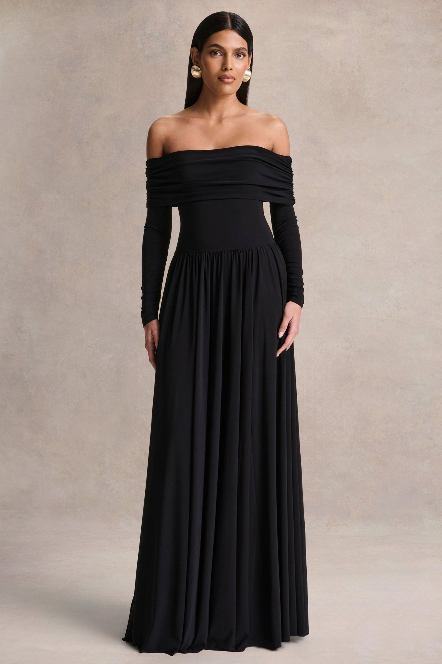 Saskia | Black Bardot-Neck Maxi Dress