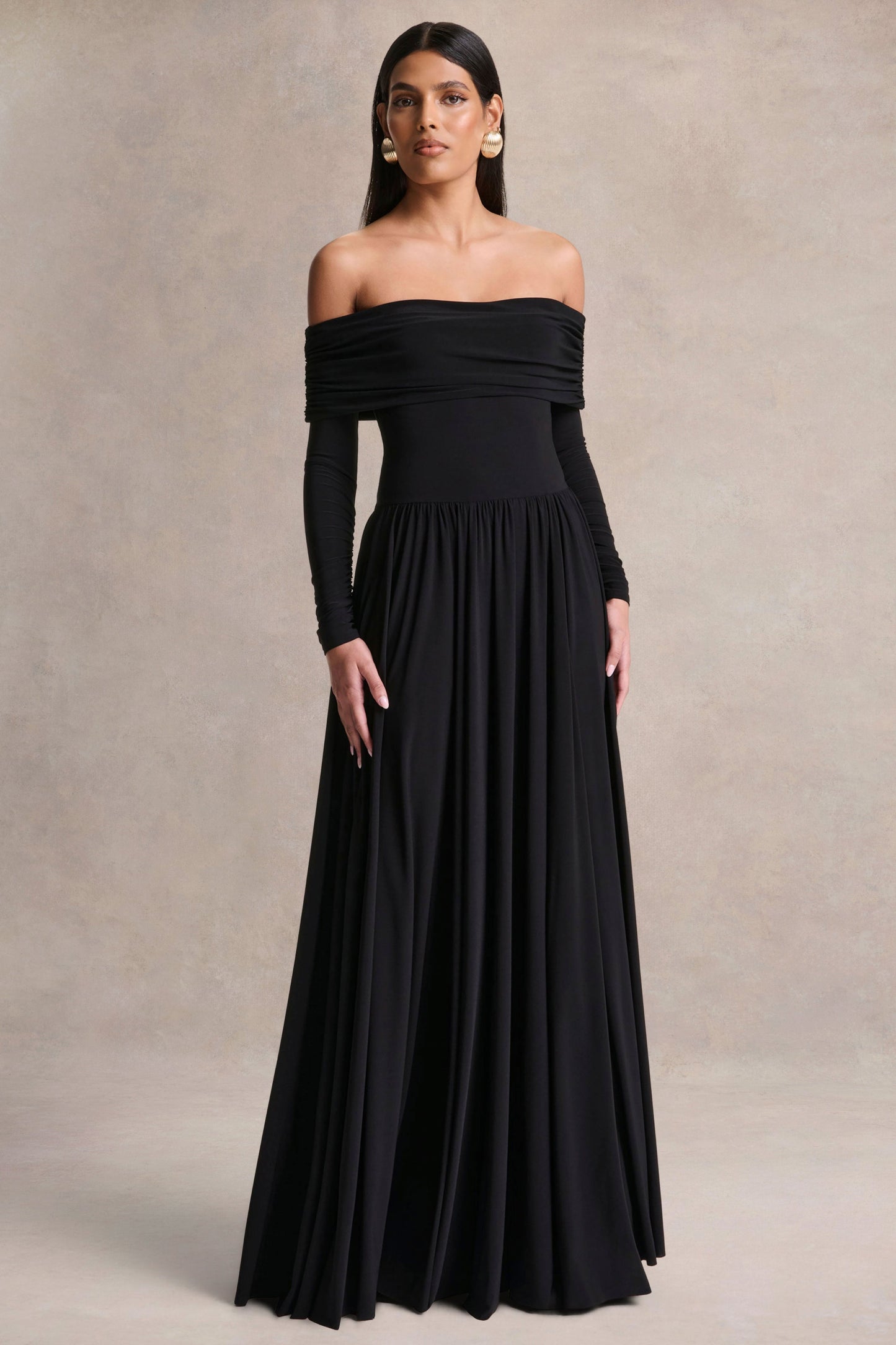 Saskia | Black Bardot-Neck Maxi Dress