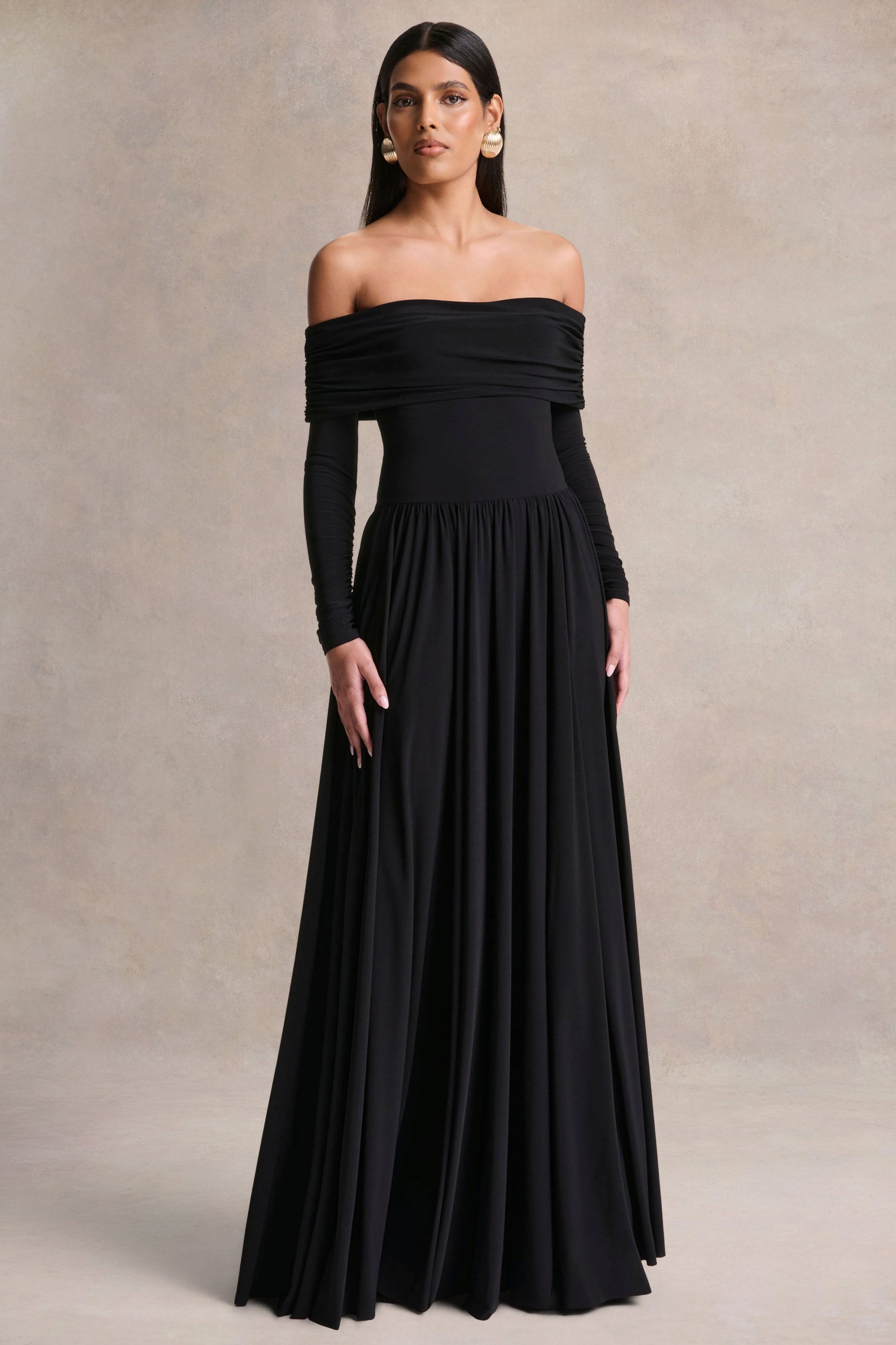Saskia | Black Bardot-Neck Maxi Dress