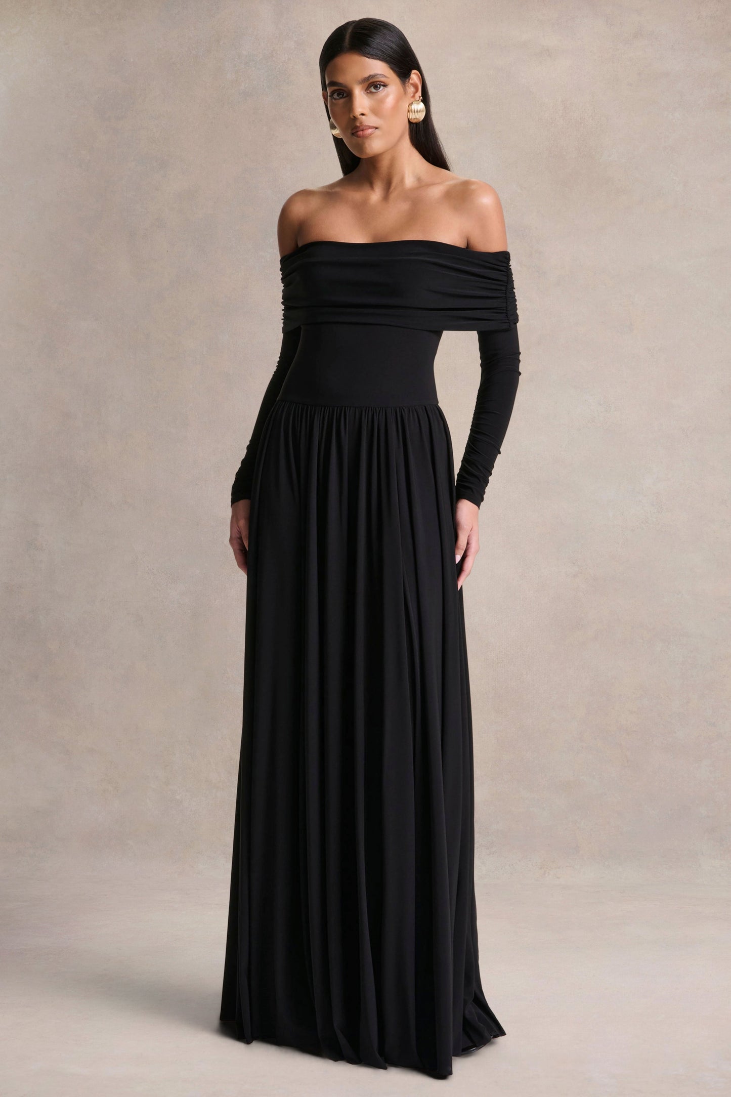 Saskia | Black Bardot-Neck Maxi Dress