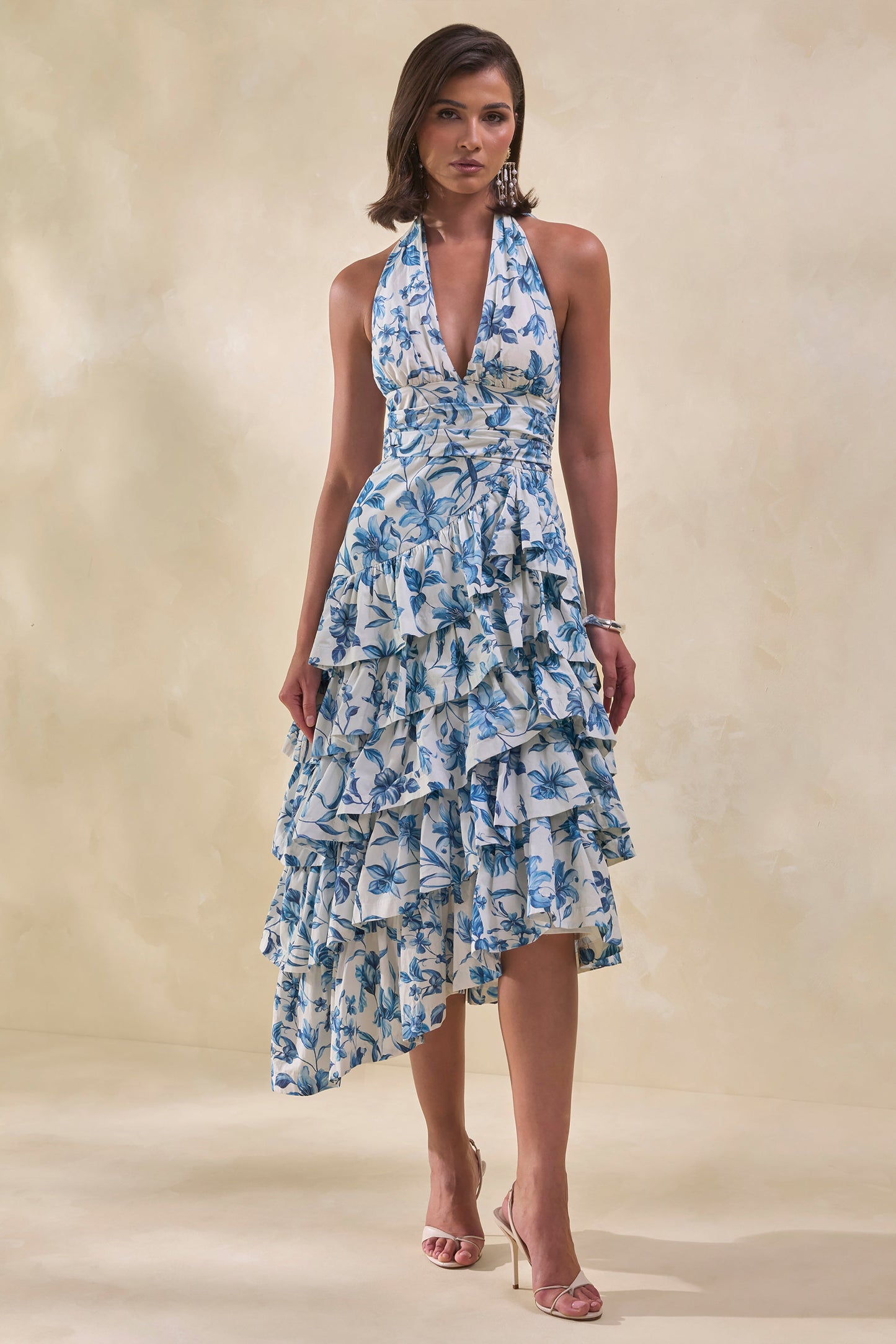 Velora | Blue Porcelain Print Asymmetric-Neck Midi Dress With Tiered-Ruffled Skirt