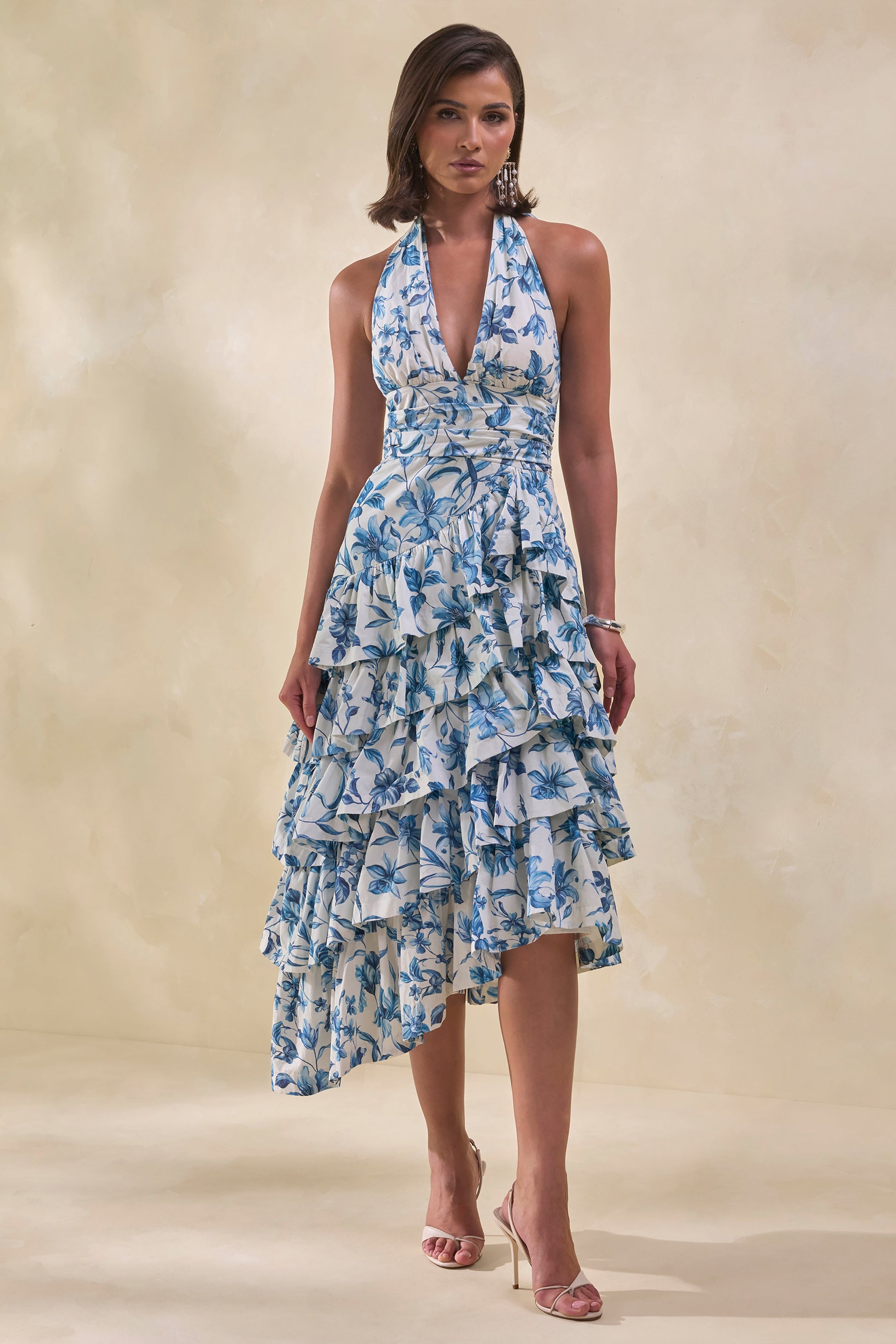 Velora | Blue Porcelain Print Asymmetric-Neck Midi Dress With Tiered-Ruffled Skirt