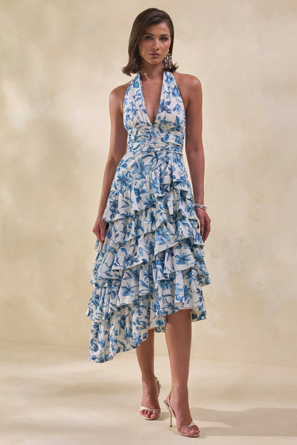 Velora | Blue Porcelain Print Asymmetric-Neck Midi Dress With Tiered-Ruffled Skirt
