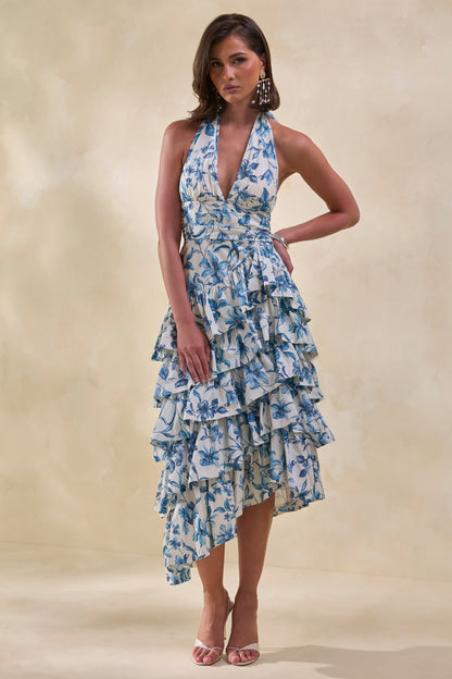 Velora | Blue Porcelain Print Asymmetric-Neck Midi Dress With Tiered-Ruffled Skirt